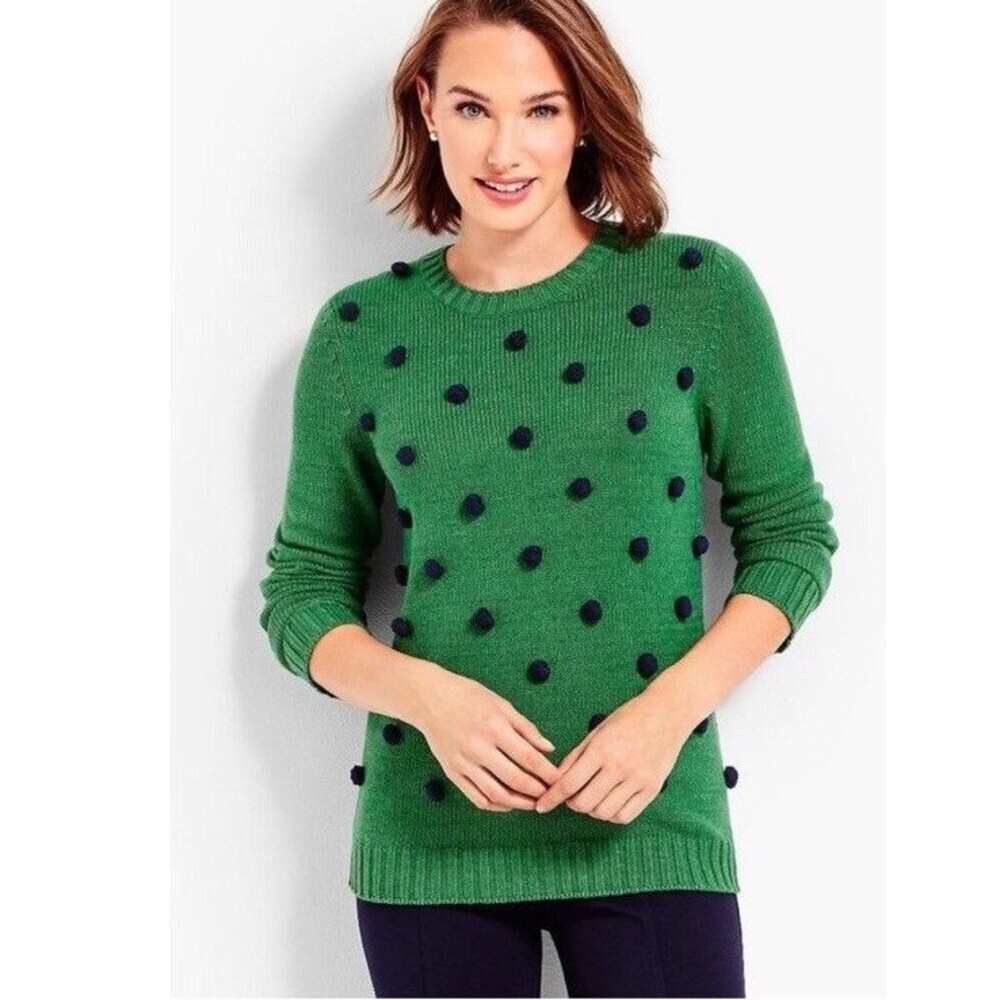 Talbots Womens Pom Pom Knit Crewneck Sweater Size XL Green Navy Blue Baubles